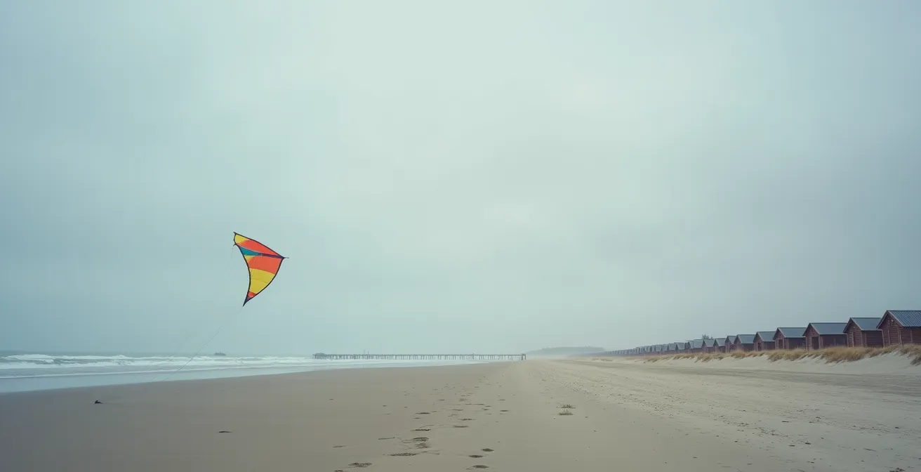 Plage de Berck en hiver avec cerfs-volants colorés