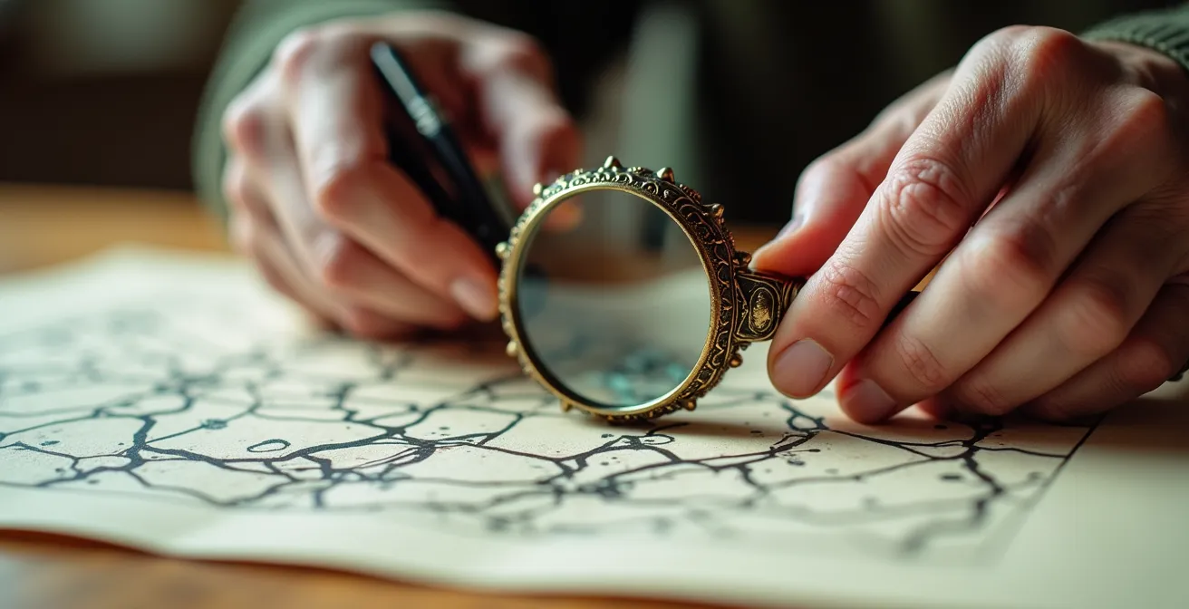 Mains âgées examinant attentivement des documents avec une loupe