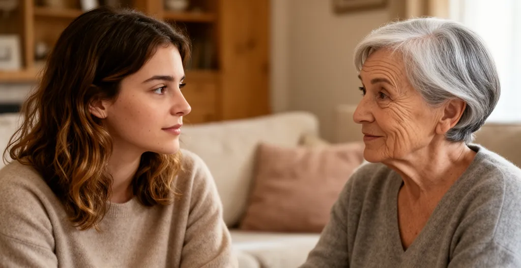 Fille adulte et mère âgée discutant calmement dans un salon chaleureux