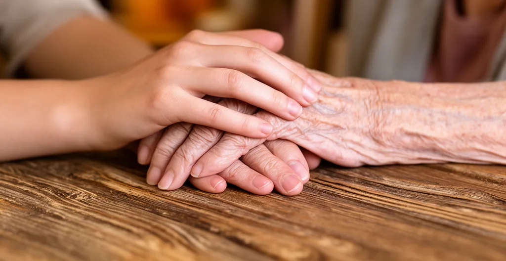 Main posée sur une main âgée en geste de réconfort sur une table en bois