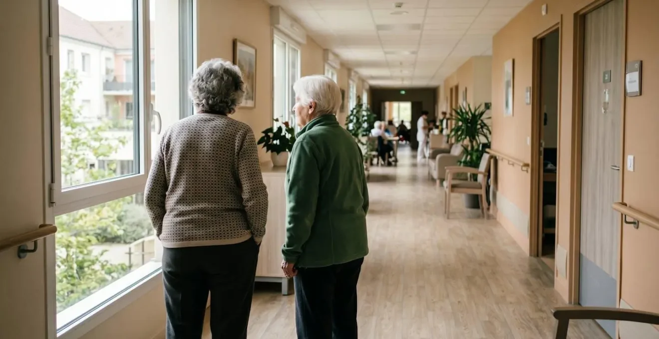 Deux personnes observent un couloir lumineux d'établissement pour personnes âgées lors d'une visite de pré-admission