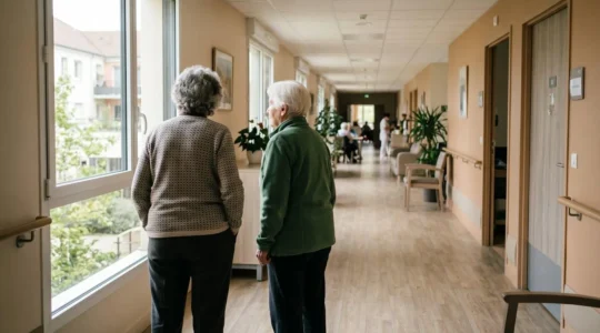 Deux personnes observent un couloir lumineux d'établissement pour personnes âgées lors d'une visite de pré-admission