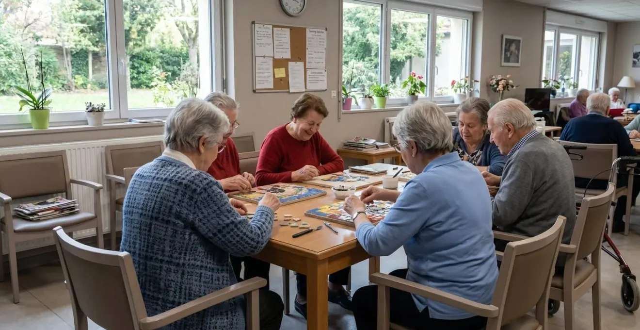 Groupe de résidents participant à une activité thérapeutique collective dans l'espace commun d'un EHPAD