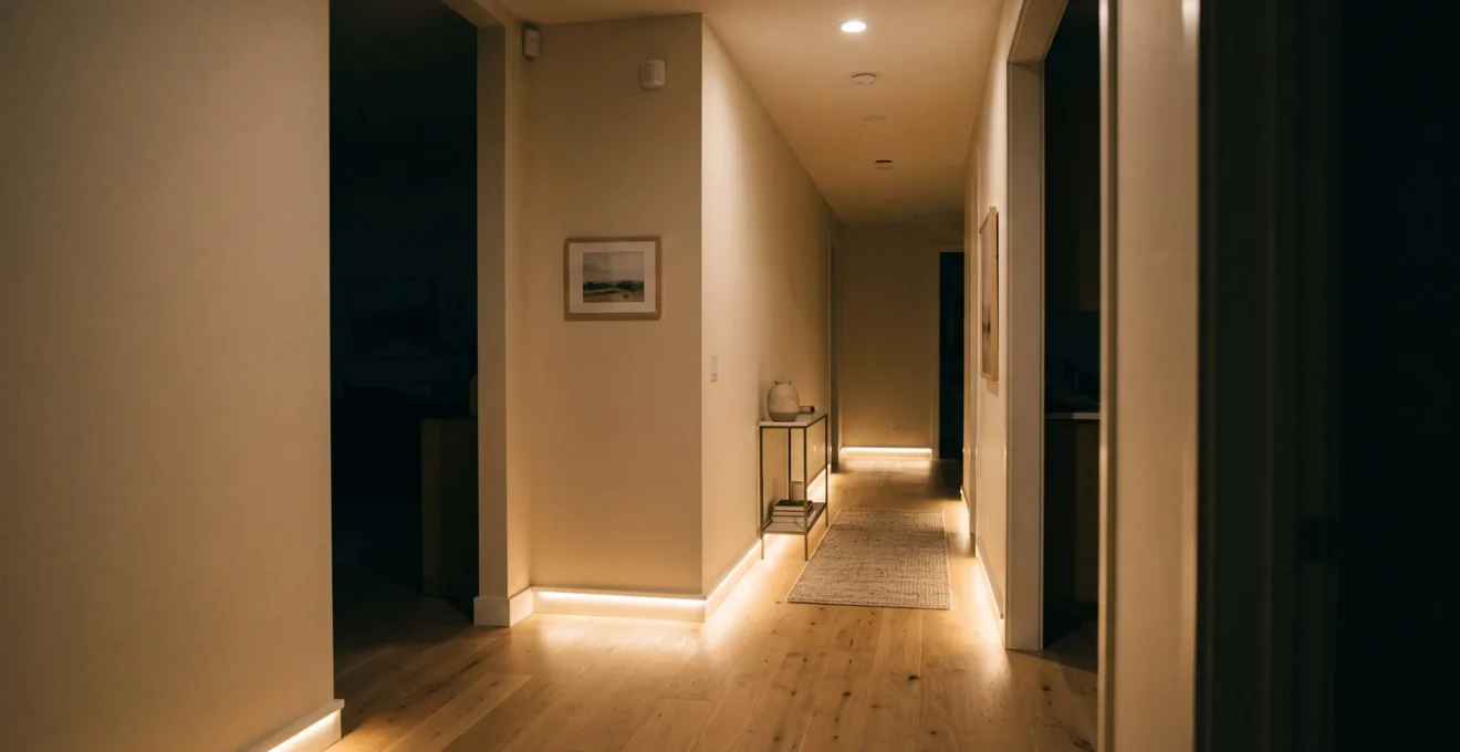 Couloir résidentiel moderne éclairé la nuit par un système d'éclairage automatique activé par détection de mouvement.