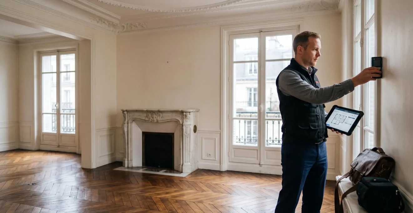 Expert immobilier évaluant un appartement haussmannien français avec équipement professionnel de mesure