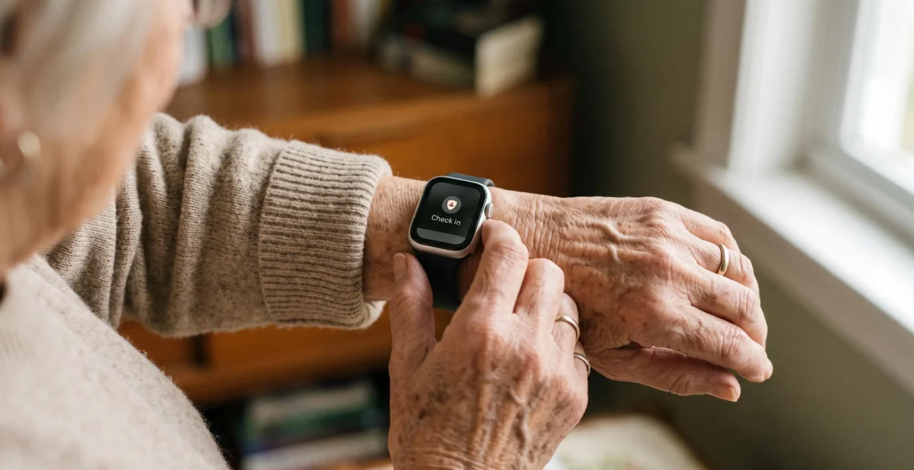 Gros plan sur la main d'une personne âgée consultant une montre connectée à son poignet.