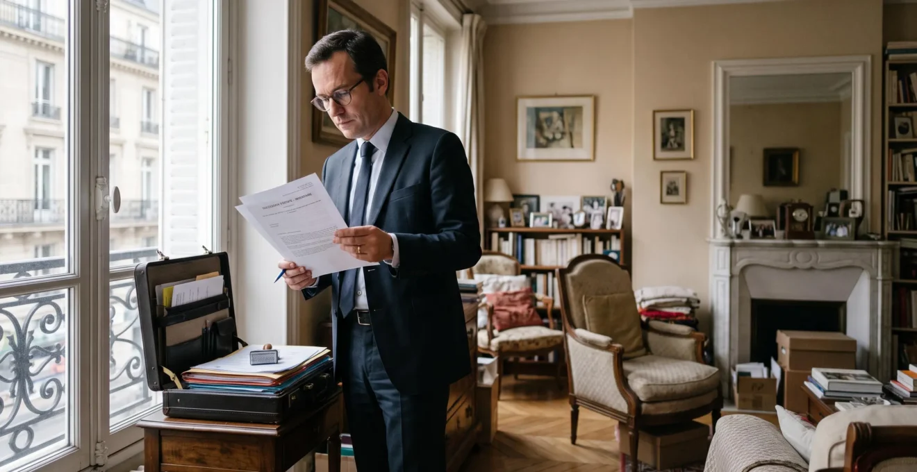 Notaire professionnel réalisant un inventaire de succession dans un appartement résidentiel français