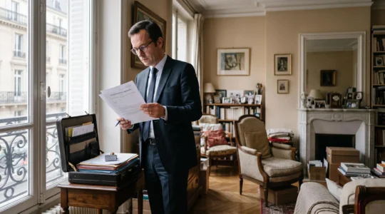 Notaire professionnel réalisant un inventaire de succession dans un appartement résidentiel français