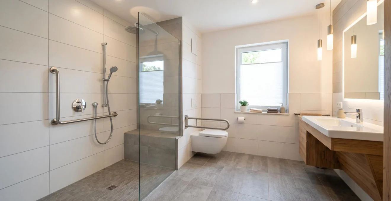 Salle de bains moderne et lumineuse équipée d'une douche à l'italienne, de barres d'appui murales et d'un sol antidérapant.